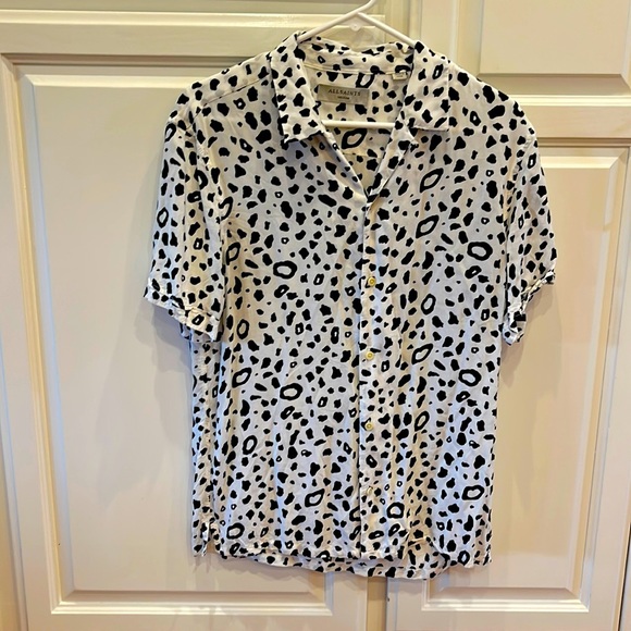 ALL SAINTS Mens White and Black Panther Print Short Sleeved Camp Shirt Size Med - Picture 2 of 5